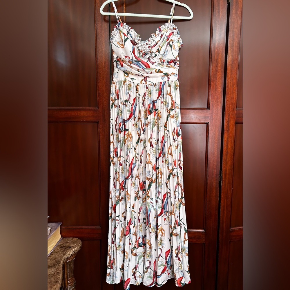 Floral-Print White Pleated Maxi Dress with Red & Green Accents